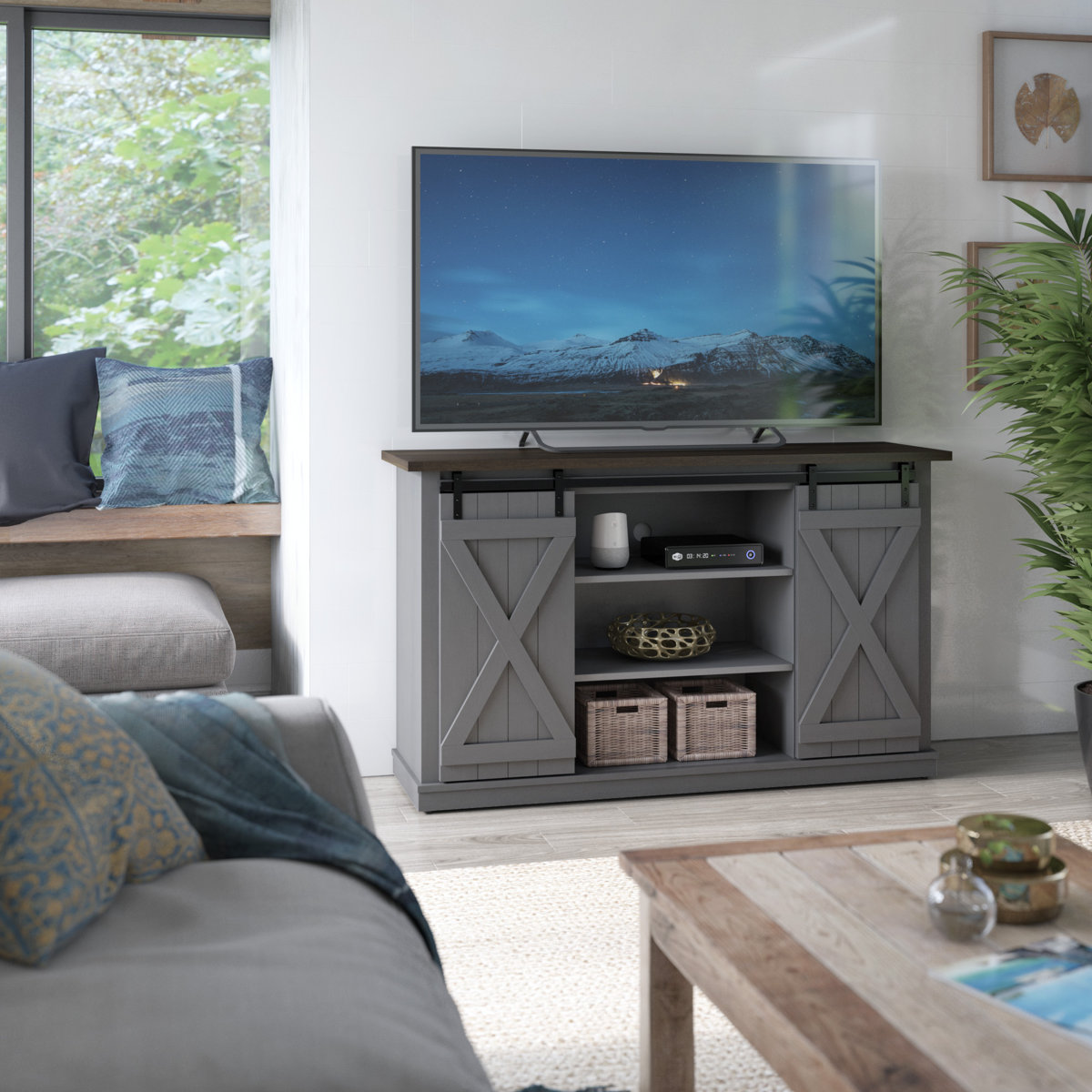 ONLY .99 (regularly 0)  54″ Three Posts Lorraine TV Stand w/ Sliding Barn Doors (Antique Gray)